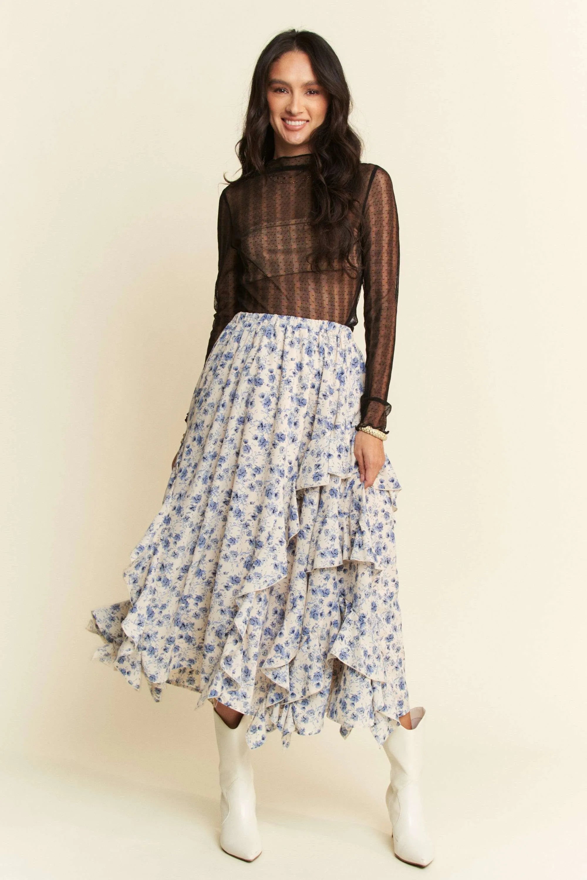 Davi & Dani Turtle Neck Lace Dotted Stretch Mesh Sheer Top - Love Salve